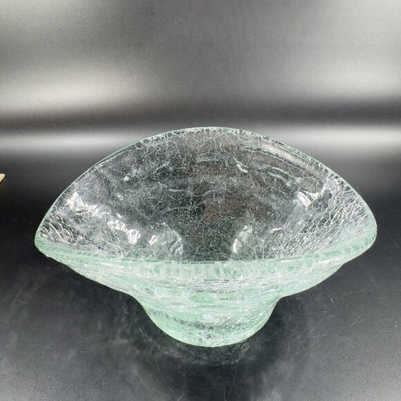 Hand Blown Clear Crackled Glass Folded Dish Bowl Hand Made Glass Decor Vintage - Picture 15 of 16